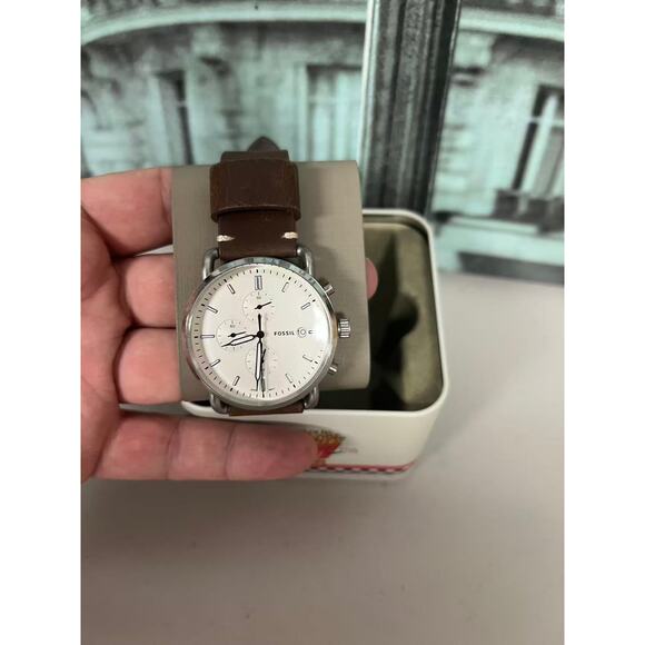 Fossil FS5402 Silver White Dial Brown Leather Chronograph Waterproof Men\'s Watch